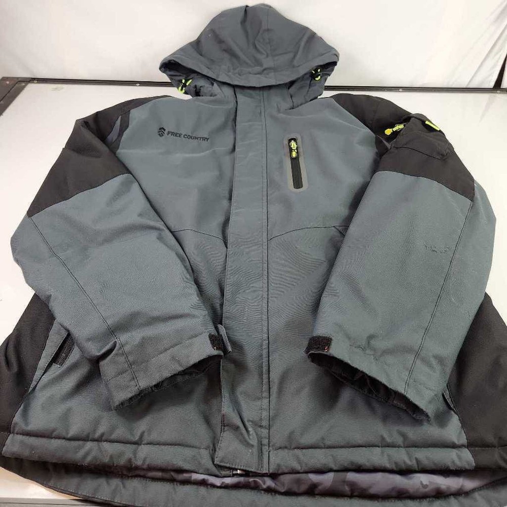 Free Country Mens Softshell Jacket Gray Colorblock Hooded Pockets Logo V Neck L